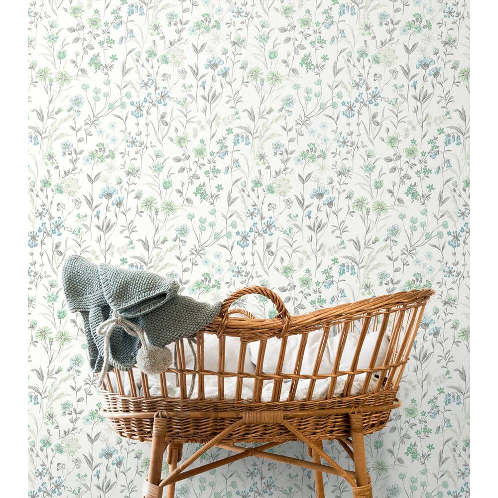 Dew Drop and Spring Green Vinyl Floral Peel and Stick Wallpaper Roll