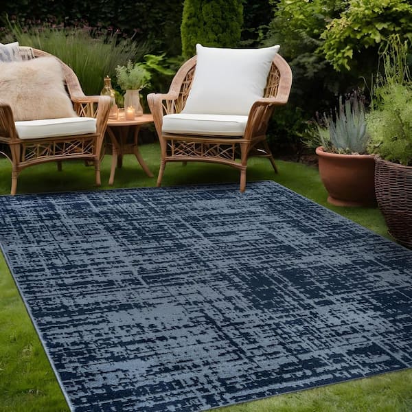 Atlas Navy 8 ft. x 10 ft. Rubber Back Washable Modern Canvas Indoor Outdoor Area Rug