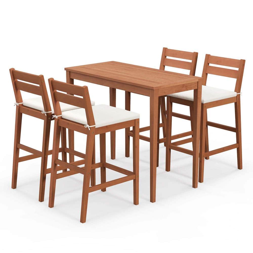 Costway 5Piece Patio Eucalyptus Wood Outdoor Dining Set Bar Height Dining Table and 4 Chairs