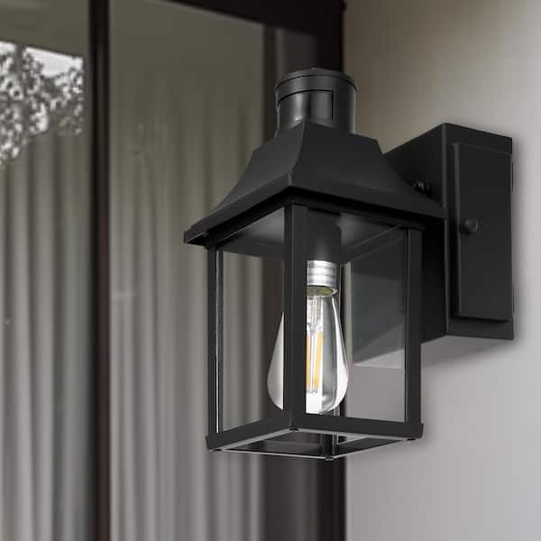 1-Light Outdoor Black Dusk to Dawn Motion Sensor Wall Lantern Sconce with Clear Glass and Built-In GFCI and USB Outlets
