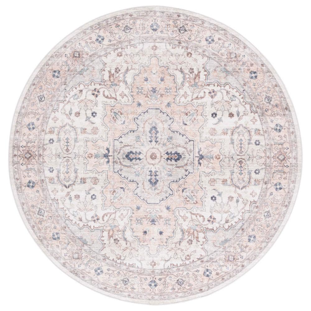SAFAVIEH Arizona Peach/Beige 6 ft. x 6 ft. Distressed Border Ornate Machine Washable Round Area