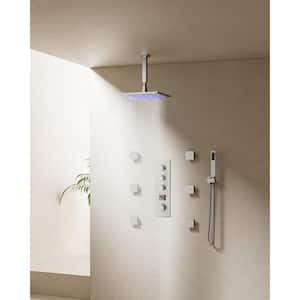 7-Spray Patterns with 12 in. Ceiling Mounted Massage Fixed Shower Head with LED in Brushed Nickel