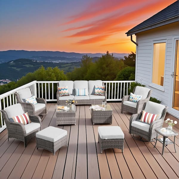 OVIOS New Kenard Gray 10-Piece Wicker Patio Conversation Set with Gray Cushions and Swivel Rocking Chairs