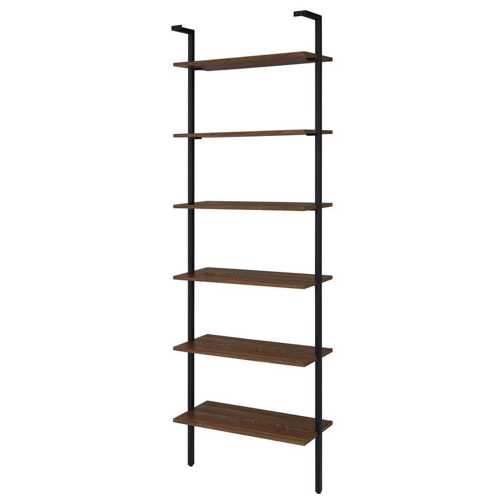 Walnut and Black 31-Inch 6-Shelf Wall Bookshelf