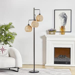 New York 71 in. 3-Light Black Tree Standard Floor Lamp with Three Woven Shades