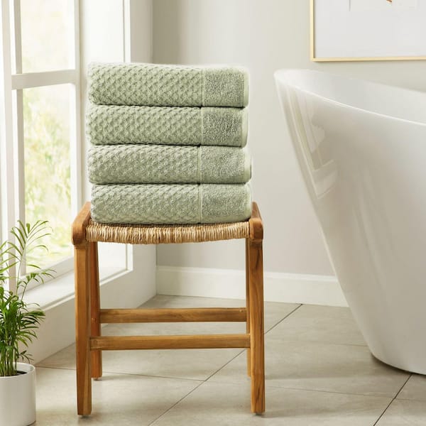 FRESHFOLDS Pale Green Ultra-Soft 100% Cotton Diamond Waffle 4-Pack Bath Towels