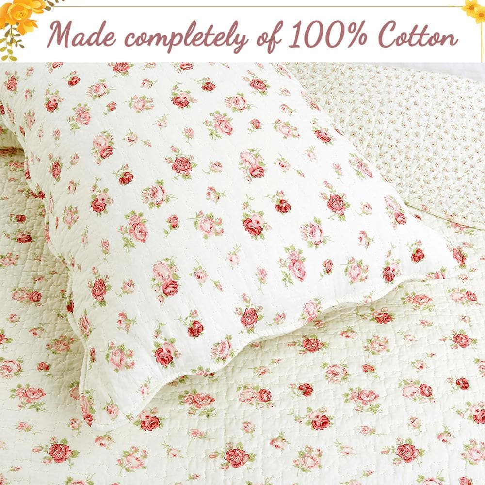 Pink Floral Cotton Queen Reversible Quilt Set with Scalloped Edges