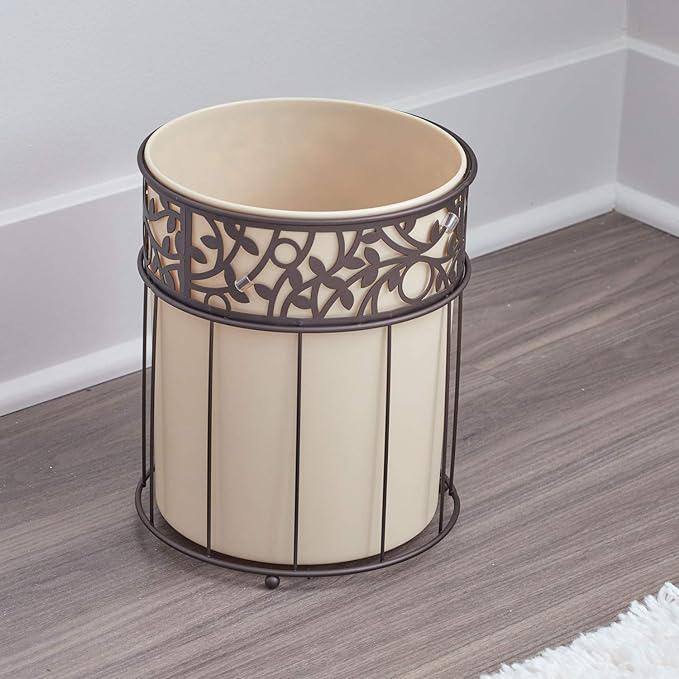 Vanilla and Bronze Metal Wastebasket with Vine Design