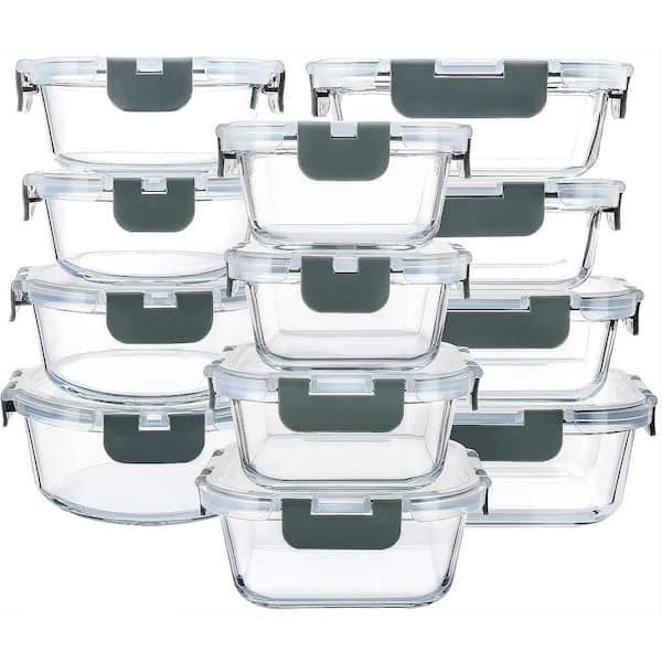 Aoibox 24-Piece Glass Food Storage Containers with Upgraded Snap Locking Airtight Lids Set, Grey