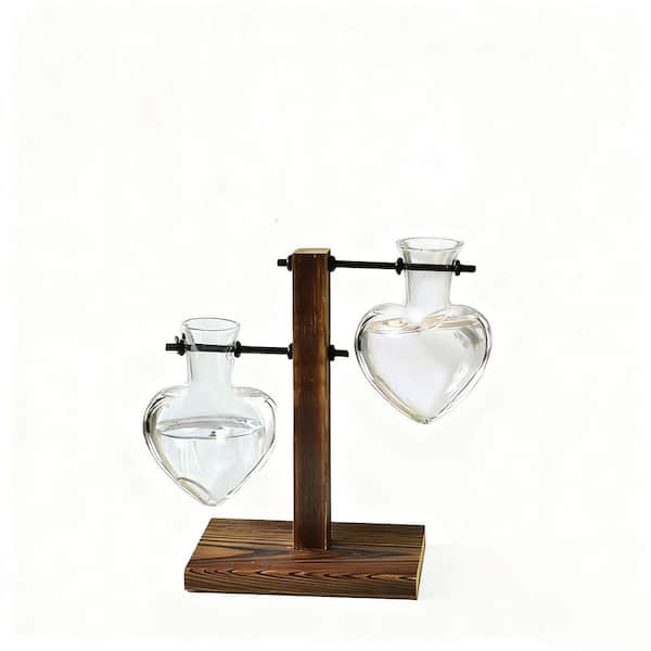 Glass Plant Terrarium with 2 Love Bulb Vase, Metal Swivel Holder and Wooden Stand for Home Office Decoration