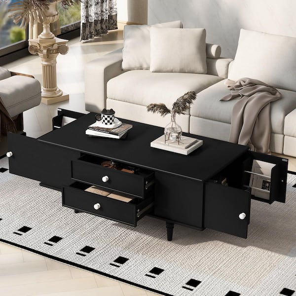 47.2 in. Black Rectangle MDF Top Coffee Table with 4 Drawers and 2 Hidden Storage Compartment