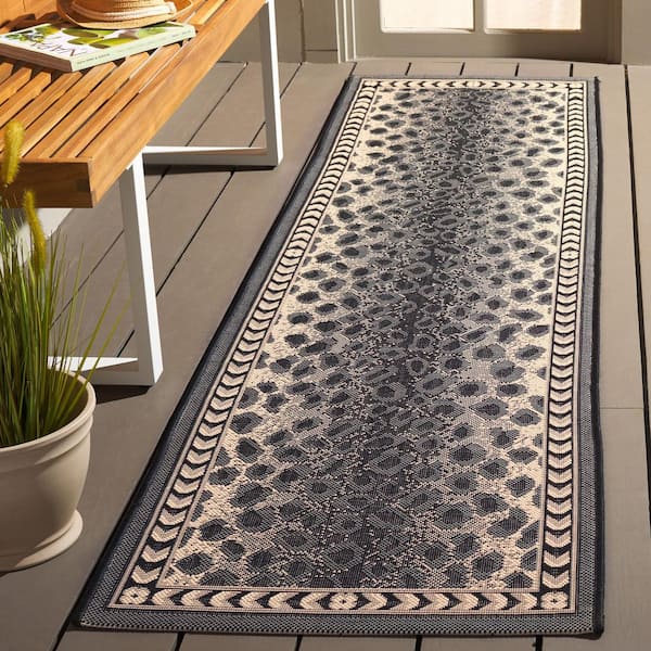 Courtyard Gray/Black 2 ft. x 8 ft. Border Cheetah Indoor/Outdoor Runner Rug