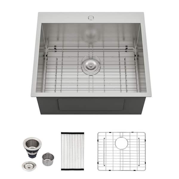 25 in. D x 22 in. W x 12 in. H Drop-In Laundry/Utility Sink Single Bowl 16-Gauge Stainless Steel with Strain Basket