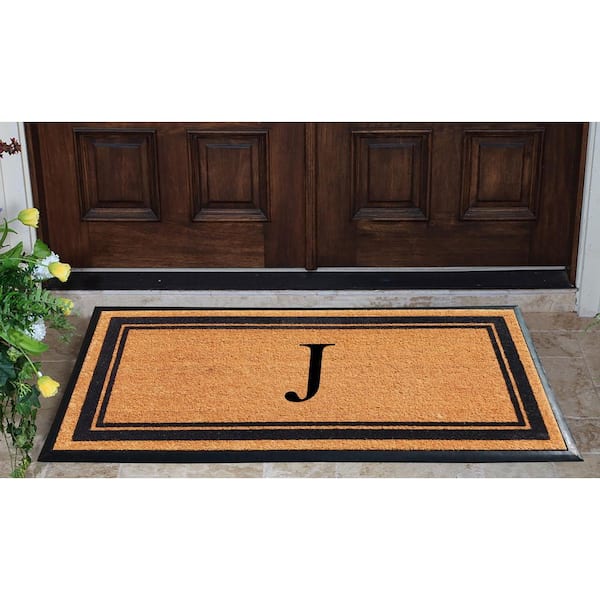 A1HC Markham Picture Frame Black/Beige 30 in. x 60 in. Coir and Rubber Flocked Large Outdoor Monogrammed J Door Mat