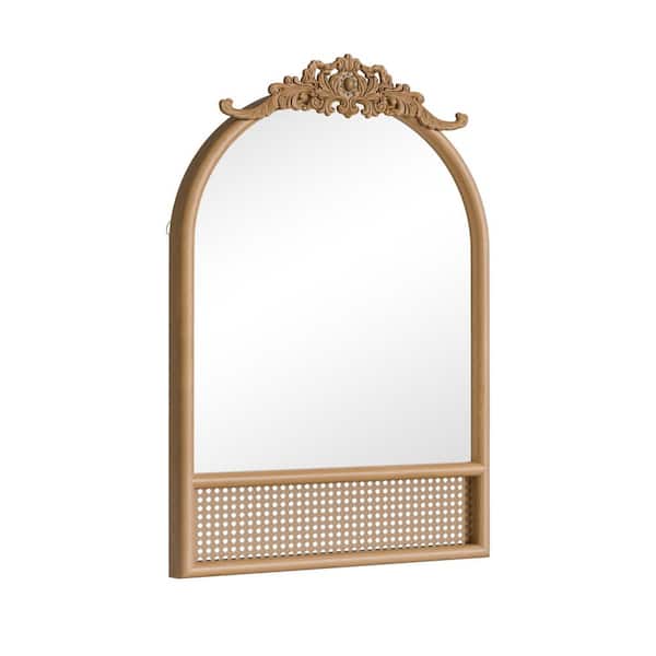 Lumioca Brown 24 in. W x 35 in. H Solid Wood Carved Rattan Braided Right-Angle Arched Wall Mirror
