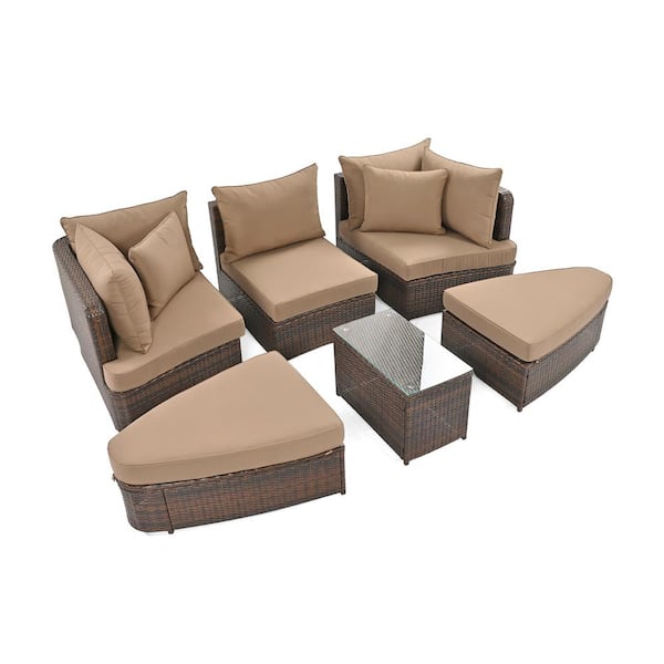 Sungrd 6-Piece Wicker Patio Conversation Set, Outdoor Round Sofa Set with Brown Cushions and Coffee Table, Deep Seating