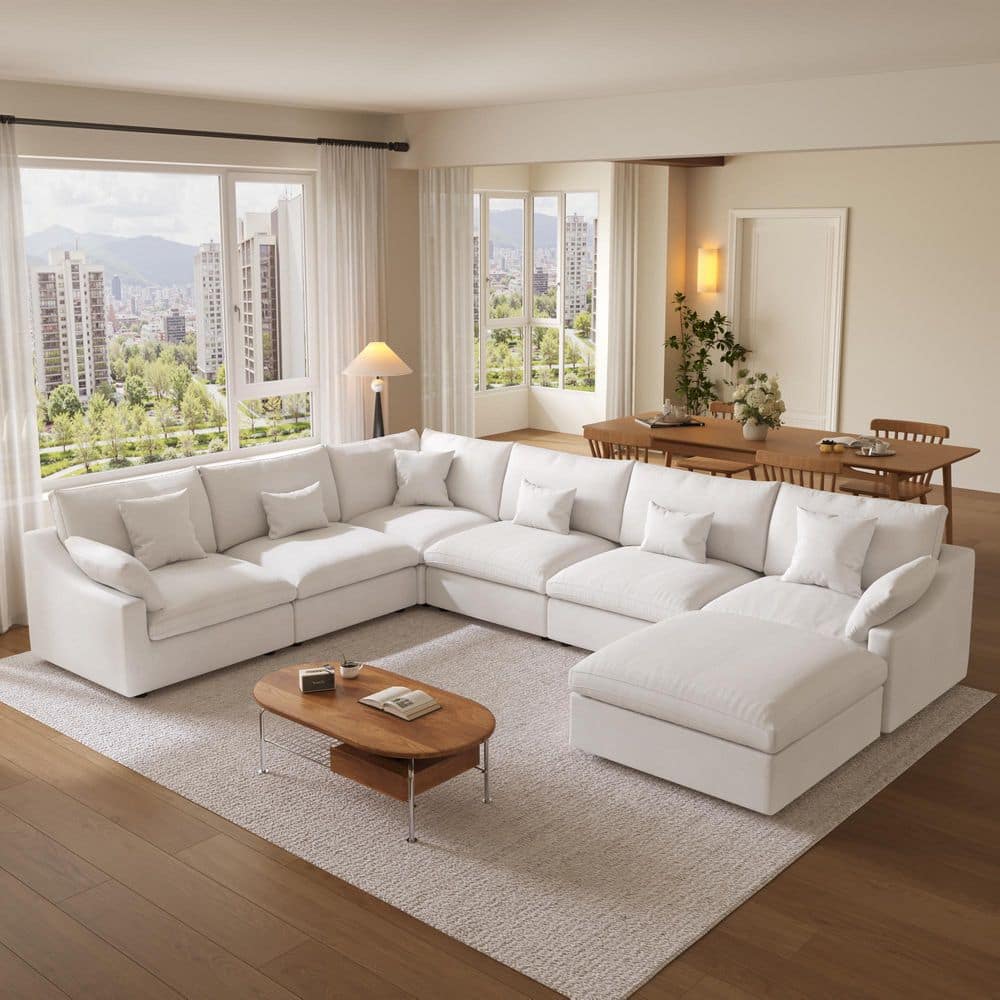 155.9 in. Slope Arm 7-Piece Linen Down U Shape Sofa Free Combination Couch with Ottoman, Removable Covers in Beige