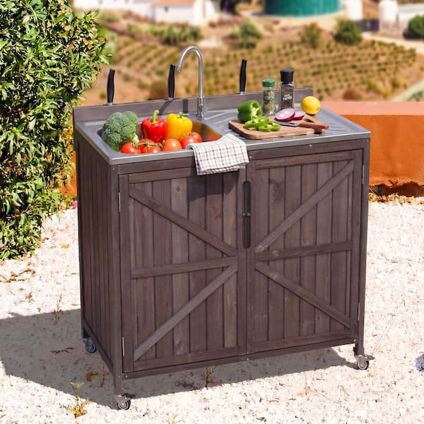 Outdoor 39.4" Dark Brown Kitchen Island with Sink,Hose Hook Up, Faucet and 4 Wheels for BBQ