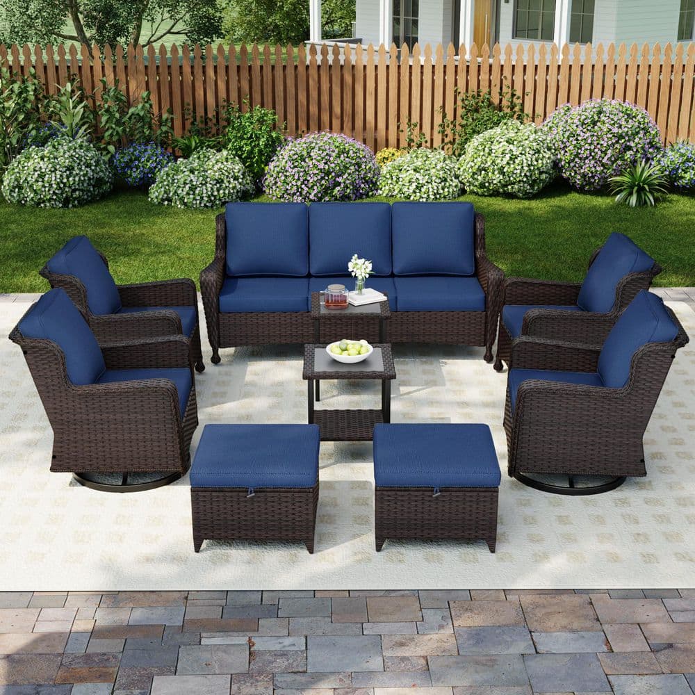9-Piece Wicker Outdoor Patio Conversation Set Chat Set with Dark Blue Cushions 1 Couch, 4 Chairs, 2 Ottomans and 2 Table price history on PriceWatchPro