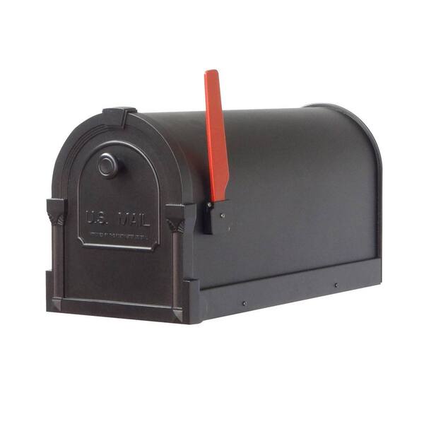 GSi Luxury Large Mailbox - Black Post Mount With Brass Knob & Red Flag, 19x9x7.75" Aluminum
