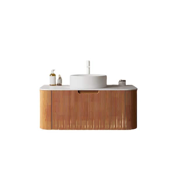 Yunus 36 in. Single Sink Floating Natural Wood Bath Vanity with White Engineered Marble Top Assembled