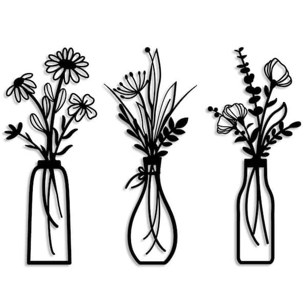 Black Metal Flower Wall Art with Rustic Farmhouse and Minimalist Style for Home Decor and Housewarming Gifts (3-Pack)