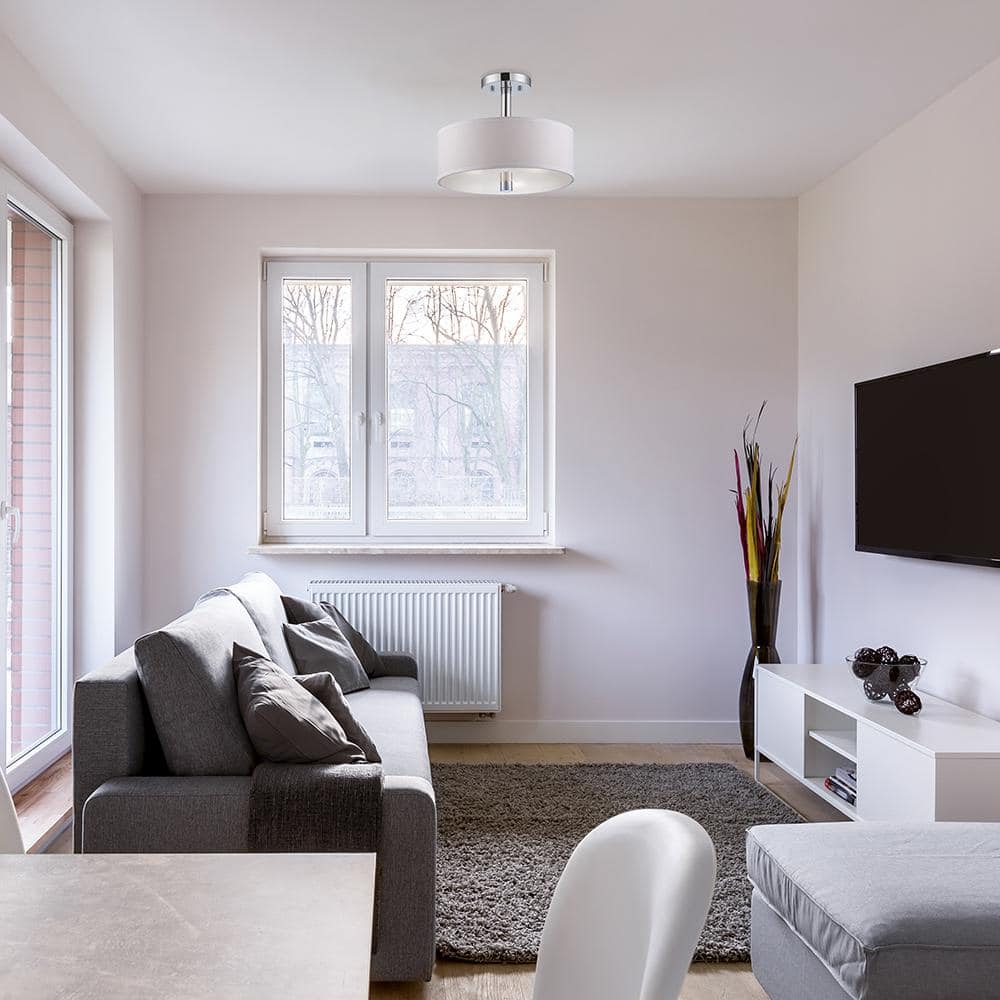 Contemporary Chrome Drum Ceiling Light with White Shade
