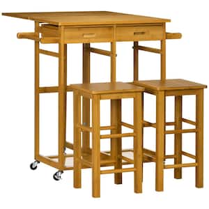 3 Pieces Kitchen Island On Wheels with Drop Leaf Table, Bar Table and Chairs Set, Rolling Bamboo Breakfast Cart, Brown