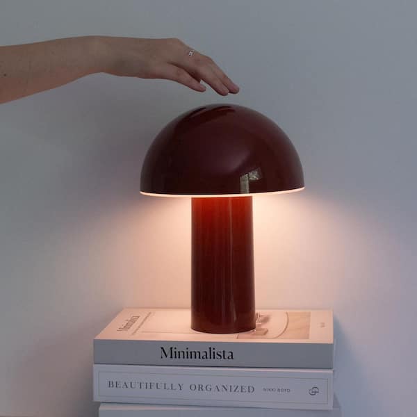 Celia 10.24 in LED Glossy Red Modern Round Dome Dimmable Cordless Portable Rechargeable Bedside Nightstand Desk Lamp