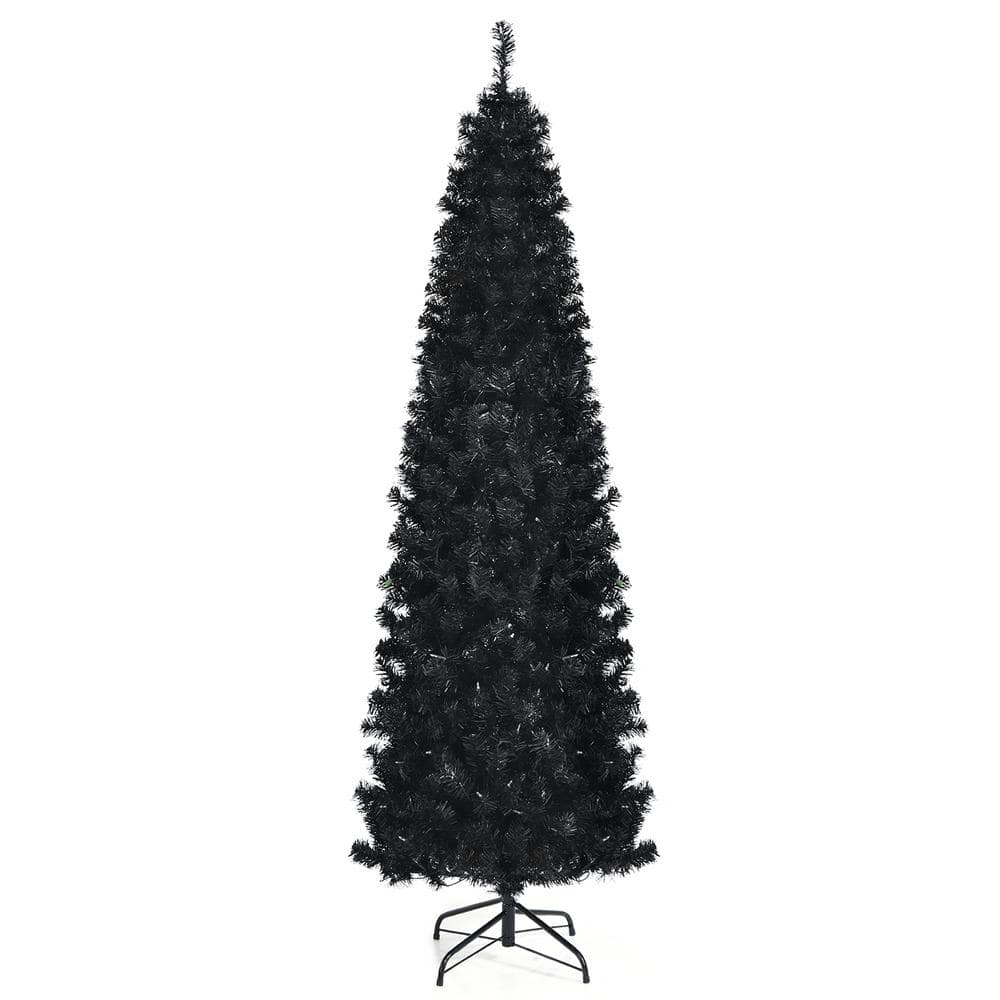 Costway 7 ft. Pre-Lit LED PVC Halloween Pencil Artificial Christmas Tree Black with 350 Warm White Lights