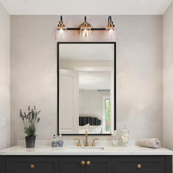 Walnute 21.5 in. 3-Light Black Seeded Glass Bell Bathroom Vanity Light, Modern Brass Gold Wall Sconce DIY Bath Light