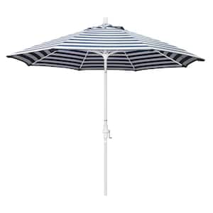 9 ft. Fiberglass Market Collar Tilt Matted White Patio Umbrella in Navy White Cabana Stripe Olefin