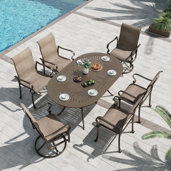 Aluminum Plate Oval Dining Table and Chair 7-Piece Set Outdoor Dining with Umbrella Hole