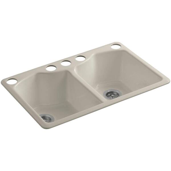 KOHLER Bellegrove Undermount Cast-Iron 33 in. 5-Hole Double Bowl Kitchen Sink with Accessories in Sandbar
