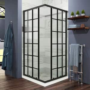 36 in. W x 72 in. H Sliding Semi-Frameless Shower Door in Black Finish with Silk Screen Grid Glass