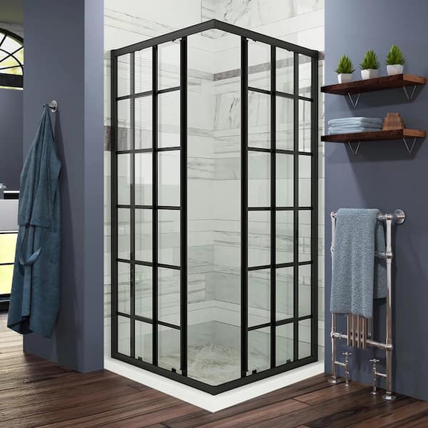 FORCLOVER 36 in. W x 72 in. H Sliding Semi-Frameless Shower Door in Black Finish with Silk Screen Grid Glass