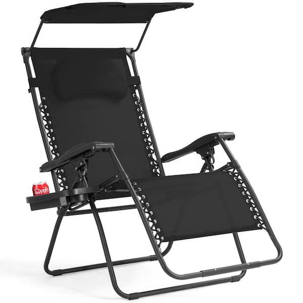 Gymax Folding Recliner Zero Gravity Lounge Chair W Shade Canopy Cup Holder Black, Zero Gravity Patio Chair Canada