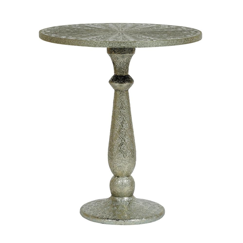 Silver Round Metal End Table with Floral Engravings