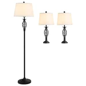 Asom 62 in. Black Lamp Set with 2-Table Lamp and 1-Floor Lamp (Set of 3)