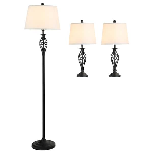 Lasaideal Asom 62 in. Black Lamp Set with 2-Table Lamp and 1-Floor Lamp (Set of 3)