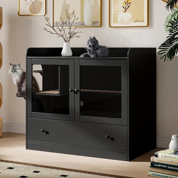 XL Large Cat Litter Box Furniture Hidden Cat Cabinet Nightstand Side Table with Large Drawer and Stairs for Rooms, Black