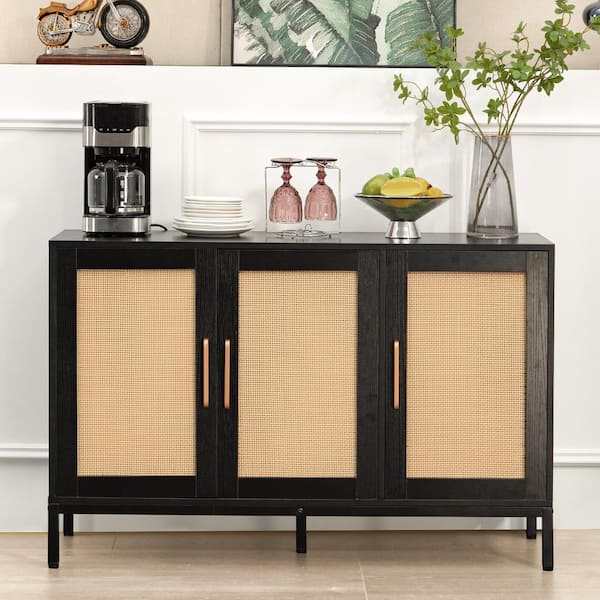 JEAREY Black Wood 47.24 in. W Rattan Contemporary Storage Sideboard with Adjustable Legs