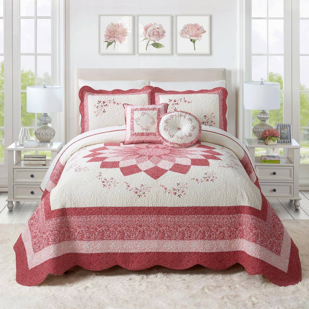 Caroline Red and White Embroidered Floral Square Pillow