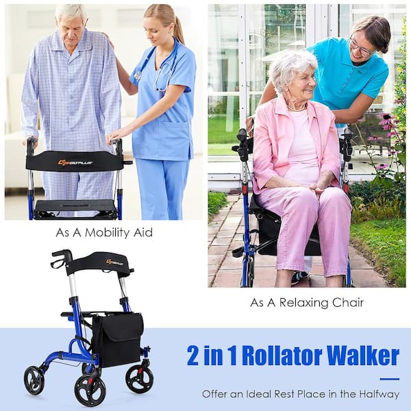 4-Wheel Walker Rollator w/Seat Folding Aluminum Rolling Walker w/8 in. Wheels in Blue
