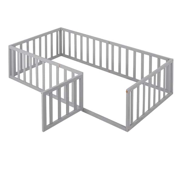 Gray Wood Frame Twin Size Floor Bed, Platform Bed with Fence and Door