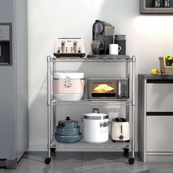 3-Shelf Shelving with Wheels Steel Organizer 23 in. W x 13 in. D x 30 in. H Chrome