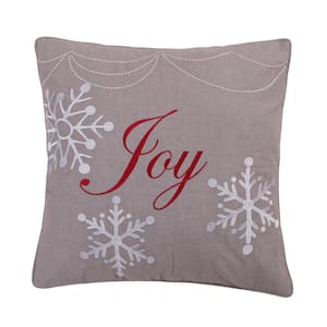 Silent Night Grey White Red Joy Snowflake Embroidery 20 in. x 20 in. Throw Pillow