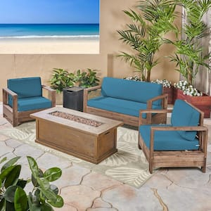 Devon Brushed Brown5-Piece Wood Patio Fire Pit Conversation Set with Dark Teal Cushions