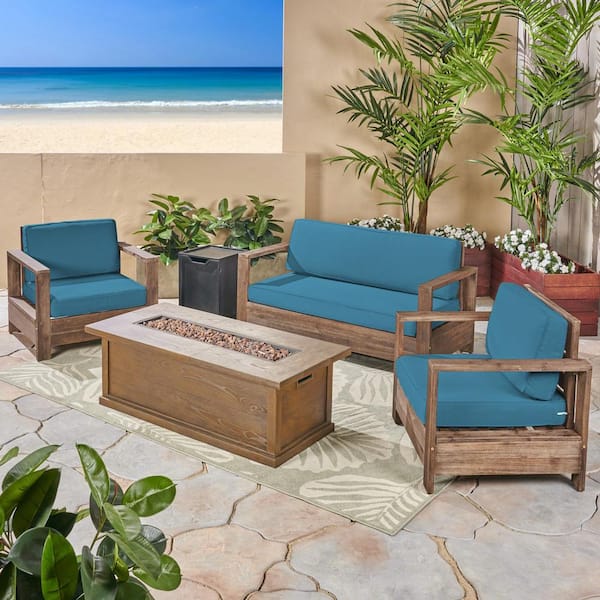 Noble House Devon Brushed Brown5-Piece Wood Patio Fire Pit Conversation Set with Dark Teal Cushions