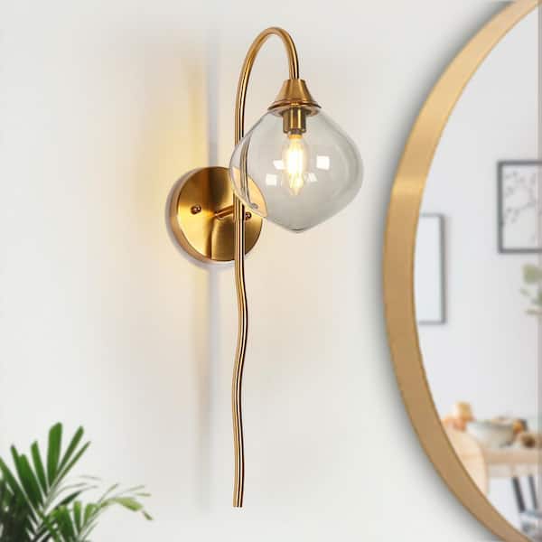 Modern 6 in. 1-Light Brass Wall Sconce with Smoky Grey Blown Glass Globe Contemporary Damp-rated Bathroom Vanity Light